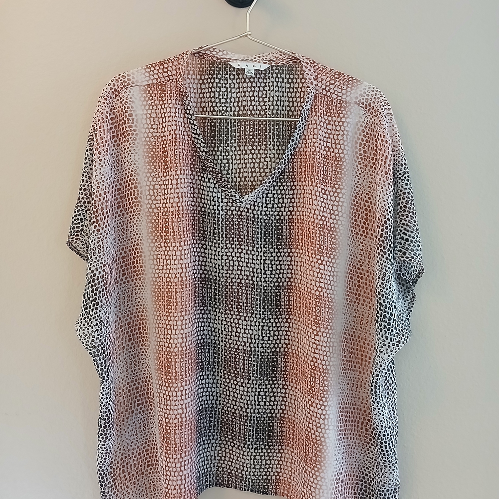 CAbi Women's V-Neck Blouse in Black, White, and Brown